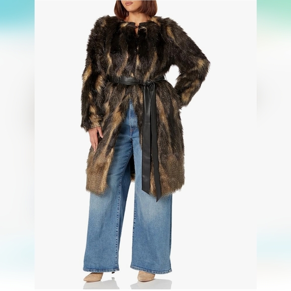 City Chic Jackets & Blazers - City Chic Women's 70's Diva Faux Fur Collarless Faux Leather Belt Midi Coat 14